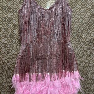 new years Pink Fringe and Feather dress